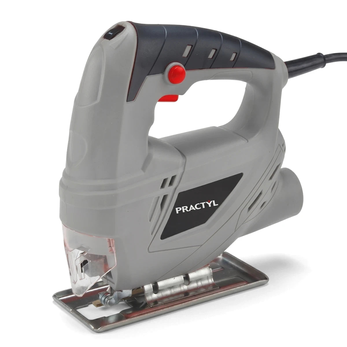 Gray and black Practyl 400W electric jigsaw power tool with red buttons and a metal base, shown on a white background.