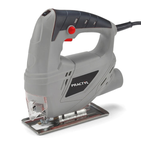 Gray and black Practyl 400W electric jigsaw power tool with red buttons and a metal base, shown on a white background.