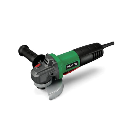 Green and black Practyl 500W electric angle grinder with a grey guard and black handle, viewed from an angle.