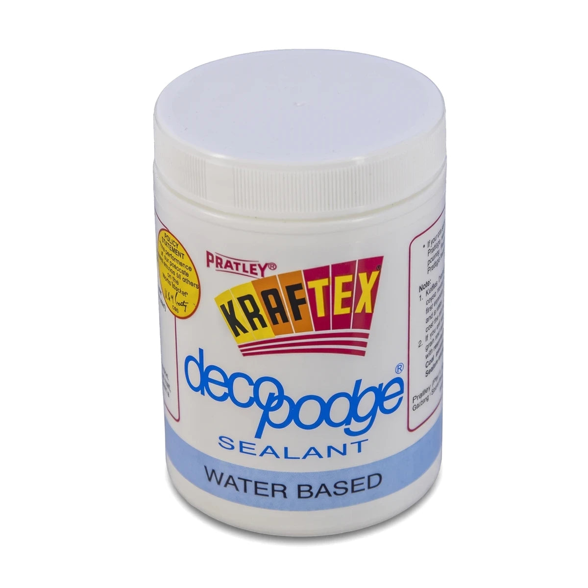White plastic tub of Pratley KRAFtex Decopodge water-based sealant with a white lid and blue and yellow label.