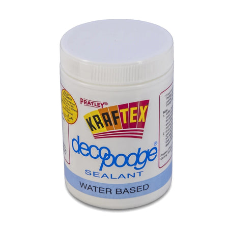 White plastic tub of Pratley KRAFtex Decopodge water-based sealant with a white lid and blue and yellow label.