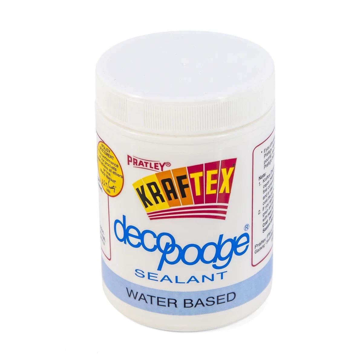 White plastic tub of Pratley Kraftex Decopodge Water Based Sealant, shown from a slightly elevated angle.
