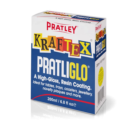 Pratley Kraftex Pratliglo High-Gloss Resin Coating 200ml box, white and blue packaging, angled view with reflection.
