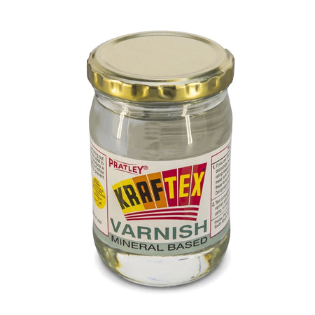 Pratley Kraftex Varnish 250ml mineral based in a clear glass jar with a gold metal lid, shown upright.