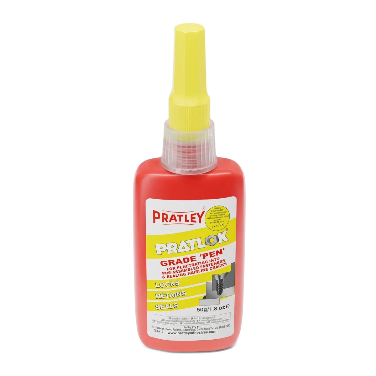 Red and yellow Pratley PratLok Grade Pen penetrating adhesive 50g bottle, for locking, retaining, and sealing fasteners.