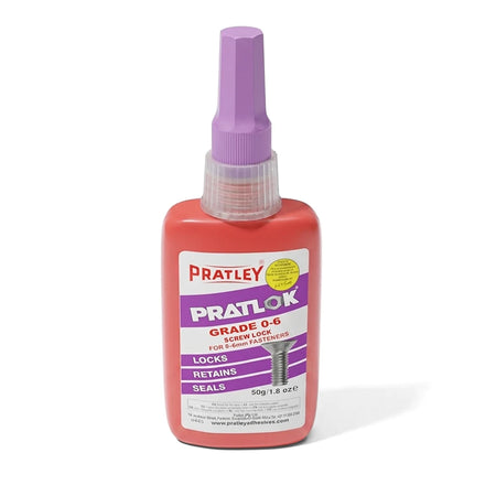 Pratley PratLok Grade 0-6 Screw Lock adhesive in a red 50g bottle with a purple hexagonal cap, designed for fasteners.