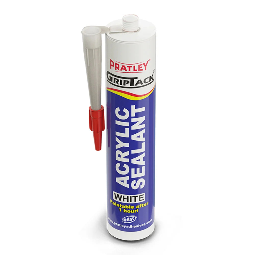 Pratley acrylic sealant tube with white cap and red applicator nozzle