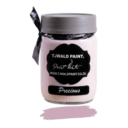 Precious 250ml chalk paint in a light pink jar with a grey lid and black ribbon, featuring a small paint swatch below.