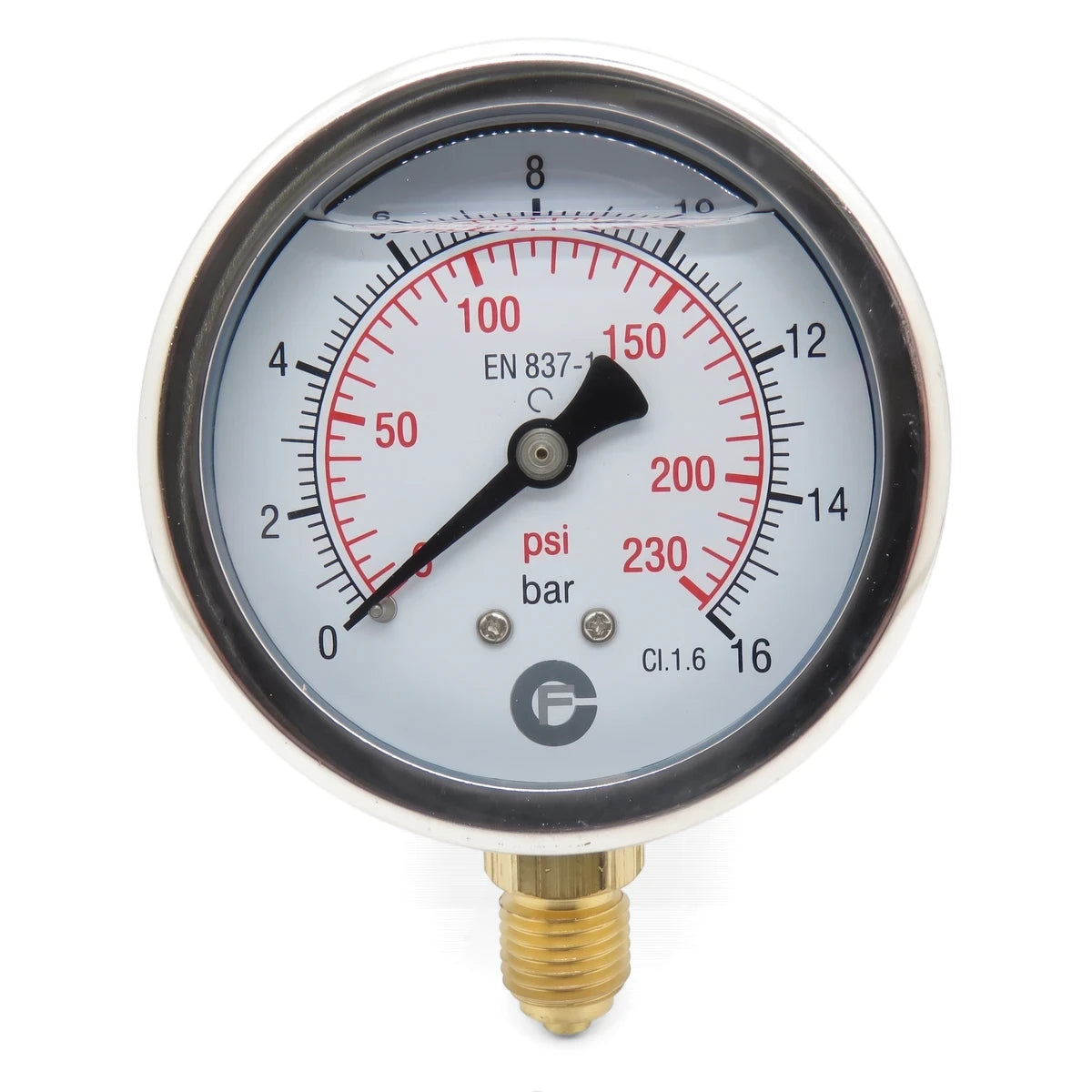 A round, chrome pressure gauge with a white dial, black and red markings for 0-16 Bar and 0-230 psi, and a brass threaded
