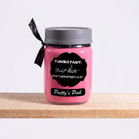 Pretty's Pink 250ml chalk paint in a pink jar with grey lid, front view, for furniture and craft painting.