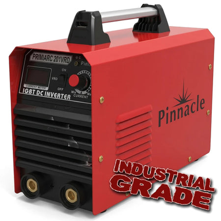 Red Primiarc 201Vrd 220V 200A industrial-grade IGBT DC inverter welding machine with top handle and front controls.