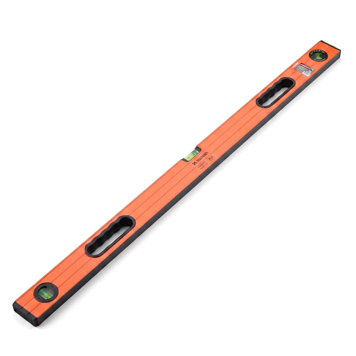 A Pro Aluminum 3-Vial Spirit Level, 1000mm long, in orange with black accents, shown angled.