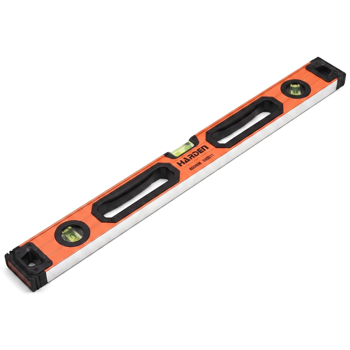 Orange and silver Pro Aluminum 3-Vial Spirit Level, 600mm long, with black grips and multiple bubbles for precise