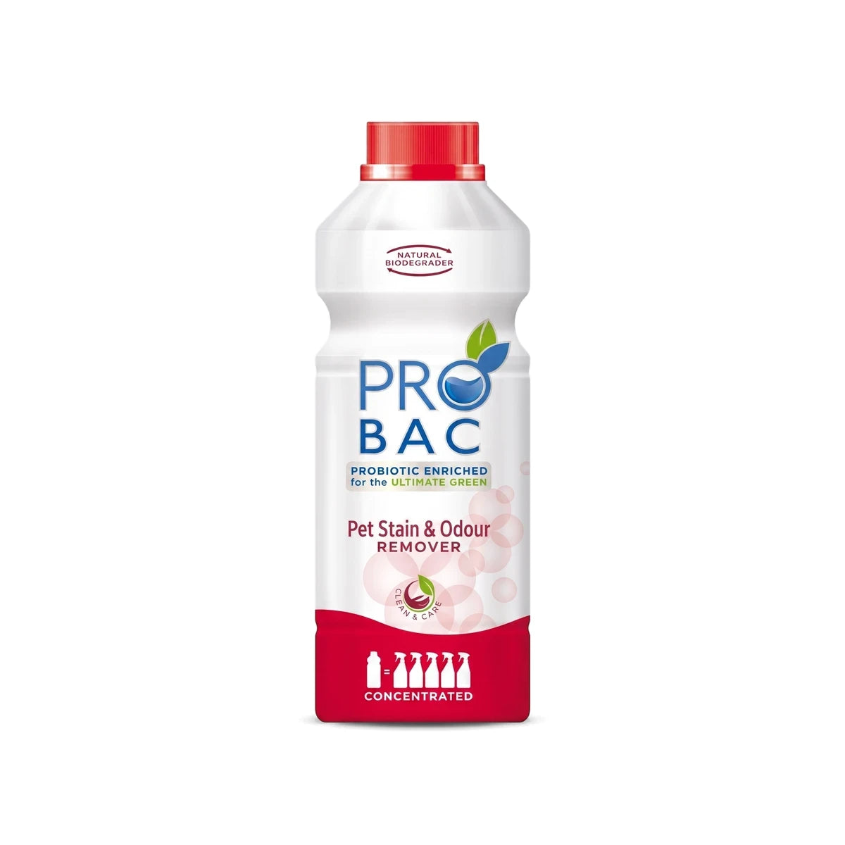 Pro Bac Pet Stain & Odour Remover in a white bottle with a red cap and base, featuring blue and green branding.