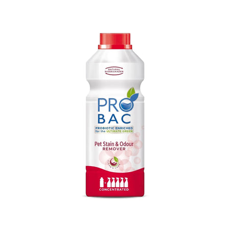 Pro Bac Pet Stain & Odour Remover in a white bottle with a red cap and base, featuring blue and green branding.