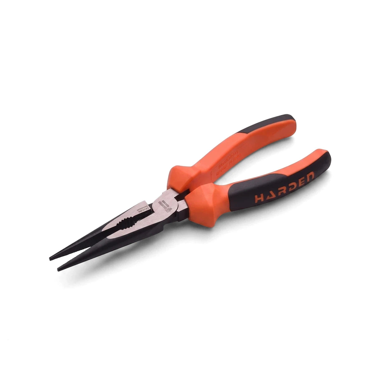 Pro long nose pliers with orange and black anti-slip handles, 8-inch (200mm) length, and a durable metal construction.