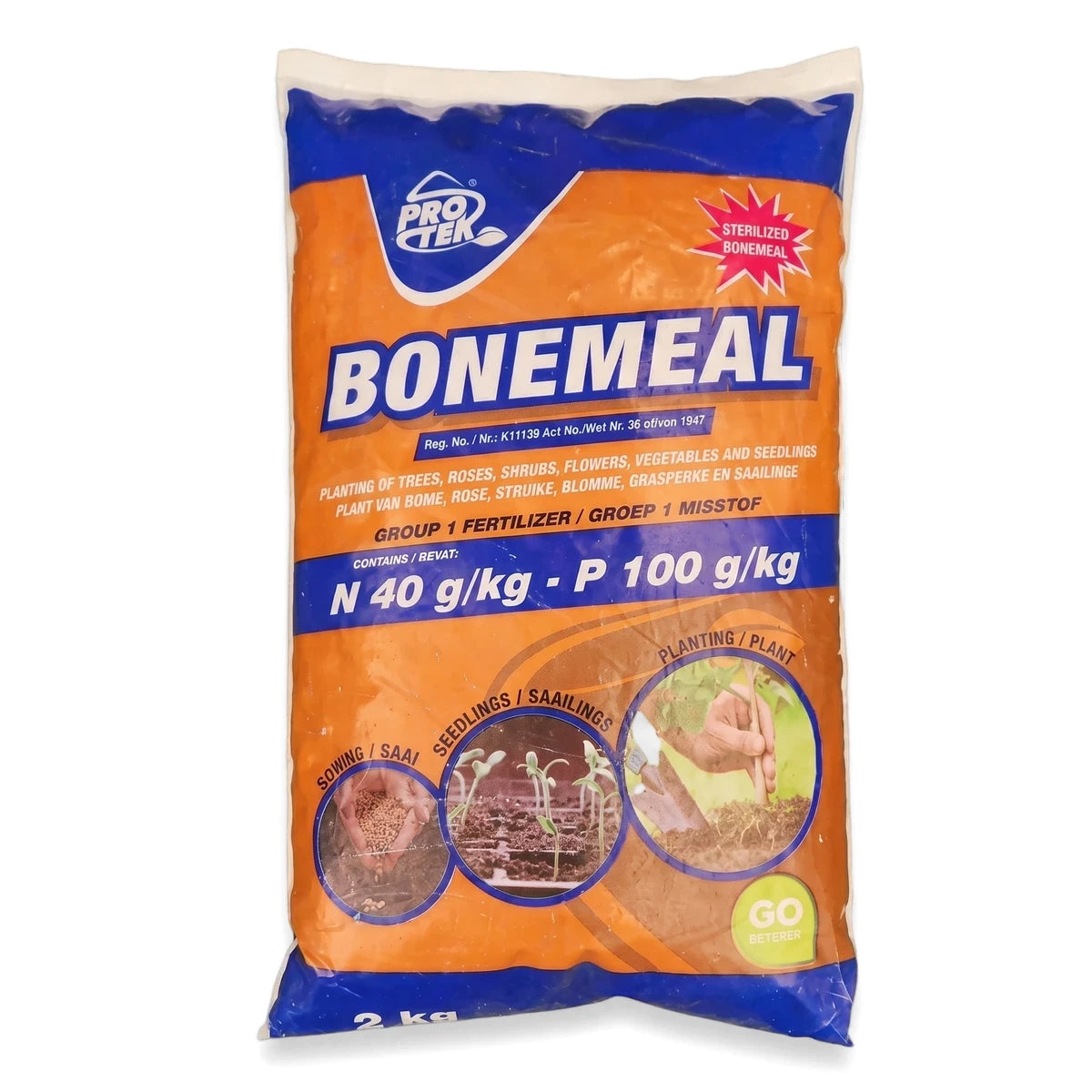 2Kg Pro Tek Bonemeal fertilizer in an orange and blue bag, detailed with planting instructions and nutrient content.