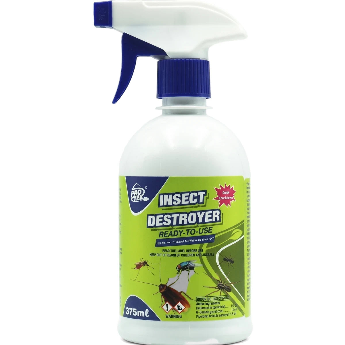 White Pro Tek Insect Destroyer Ready-to-Use 375ml insecticide spray bottle with blue trigger top, green label showing