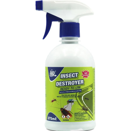 White Pro Tek Insect Destroyer Ready-to-Use 375ml insecticide spray bottle with blue trigger top, green label showing
