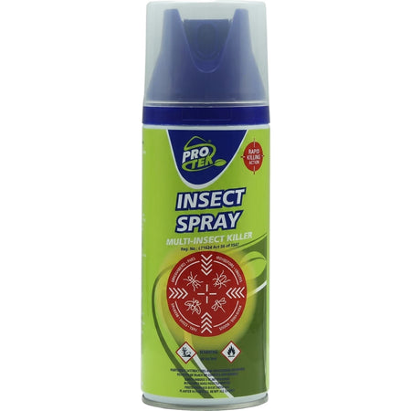 Green and blue Pro-Tek Insect Spray 300ml insecticide aerosol can, standing upright, designed for multi-insect killing