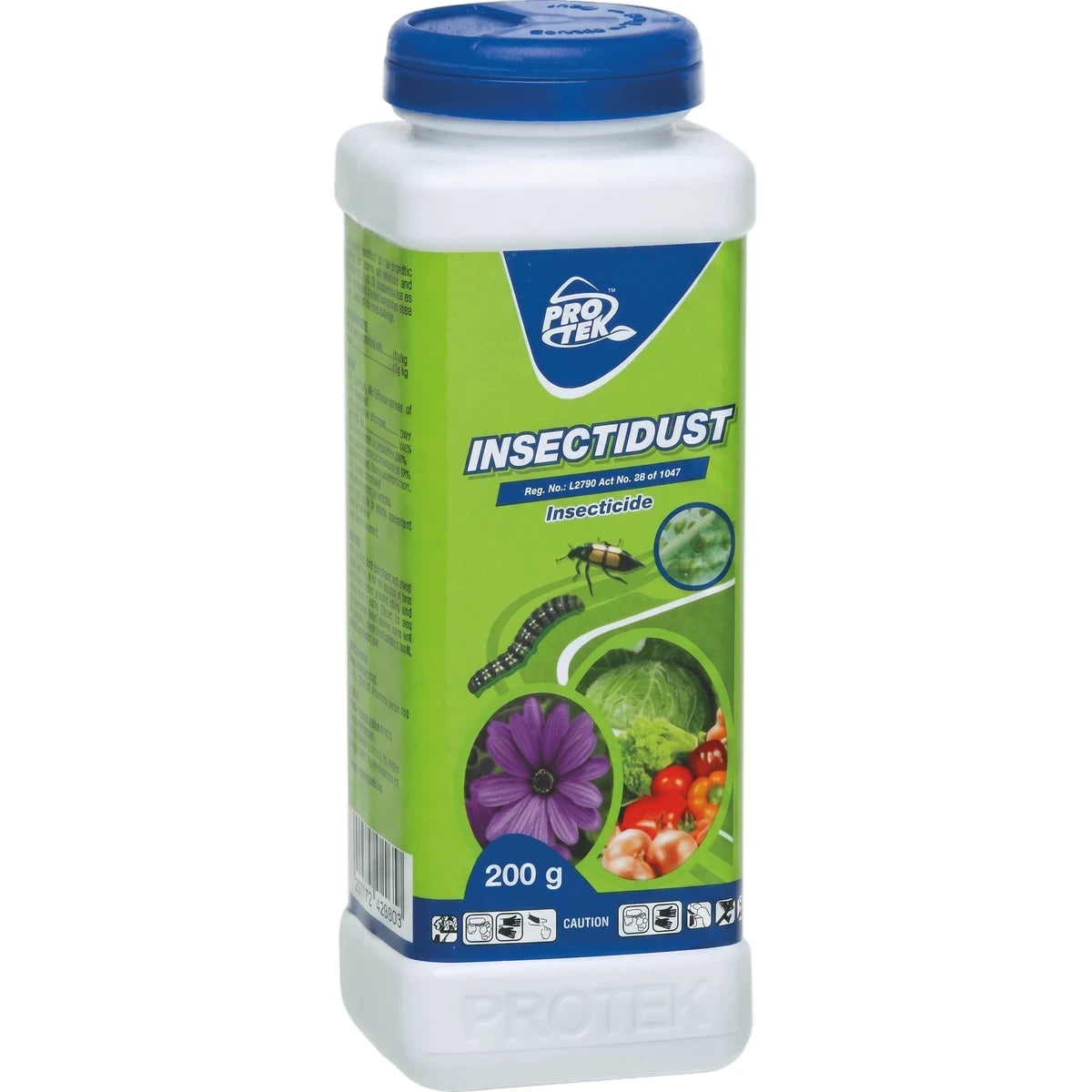 Pro-Tek Insectidust 200G insecticide in a white and green bottle with blue cap for pest control.
