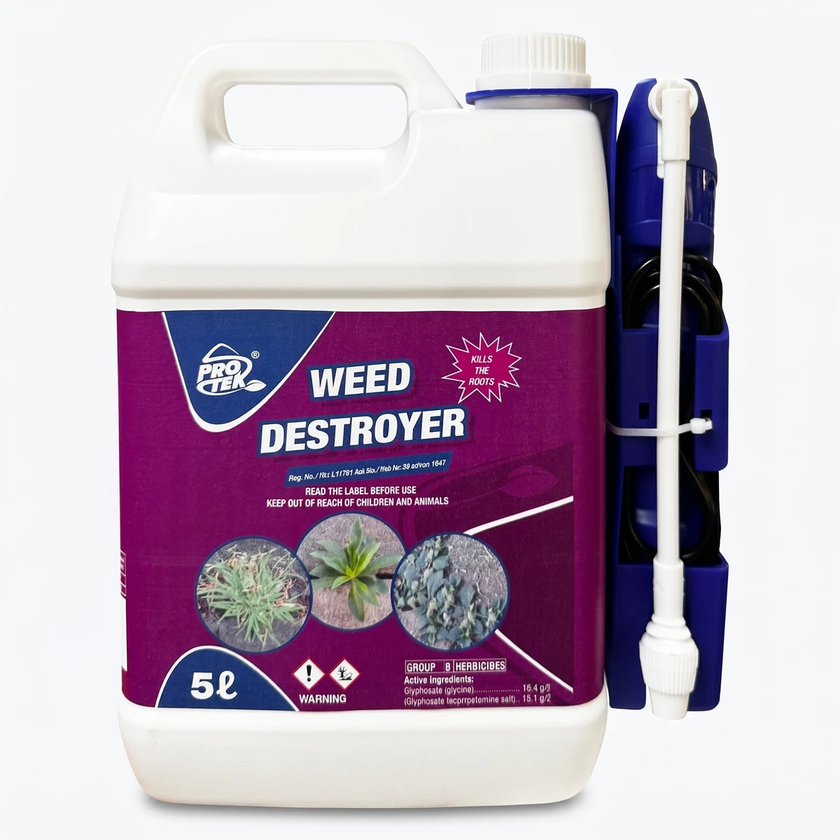 Pro Tek Weed Destroyer RTU 5L herbicide in a white bottle with a purple label and blue sprayer, for effective weed control.