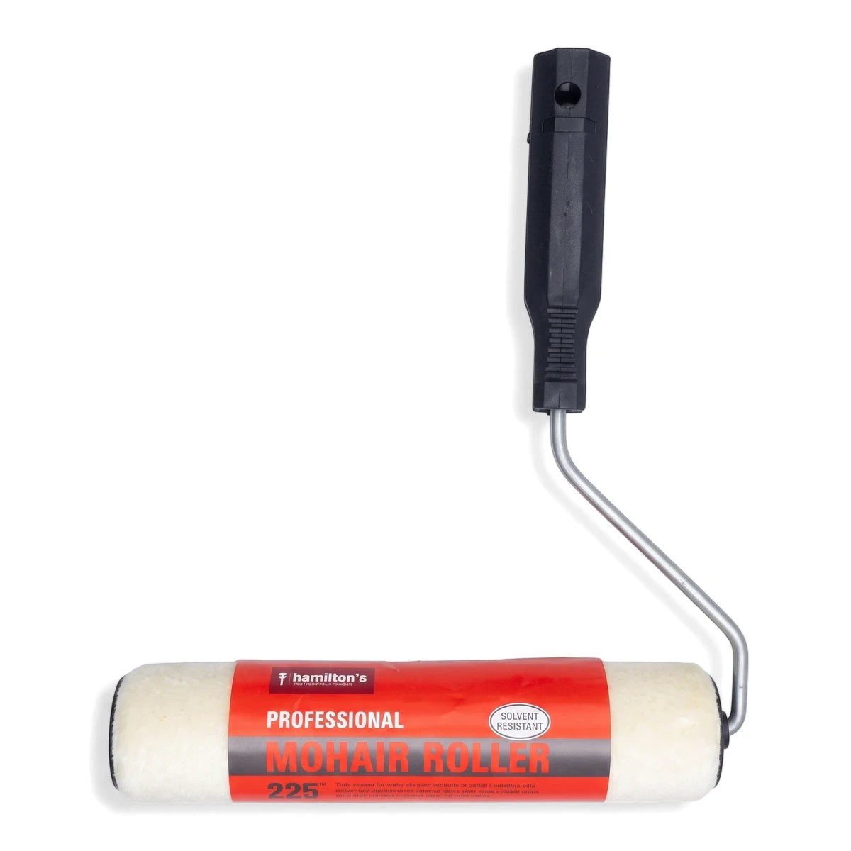 Professional mohair paint roller with a cream nap, red label, and black handle for even paint application.