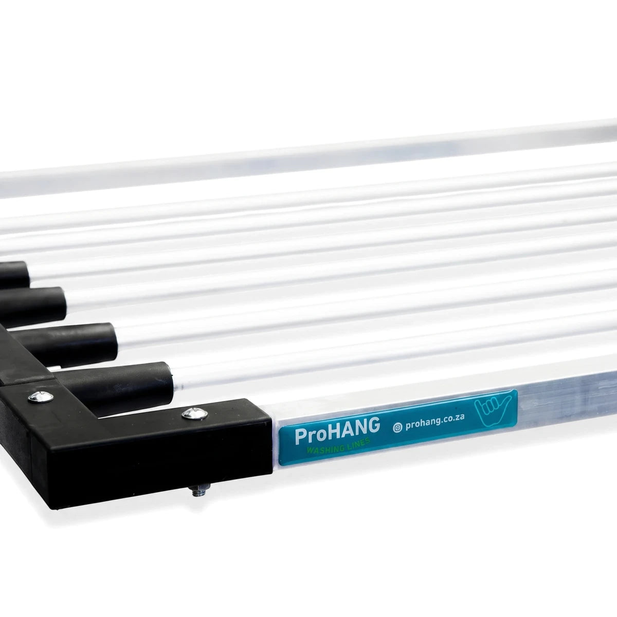 Close-up of a silver aluminum ProHANG washing line with white hanging bars and black connectors, showing the brand logo.
