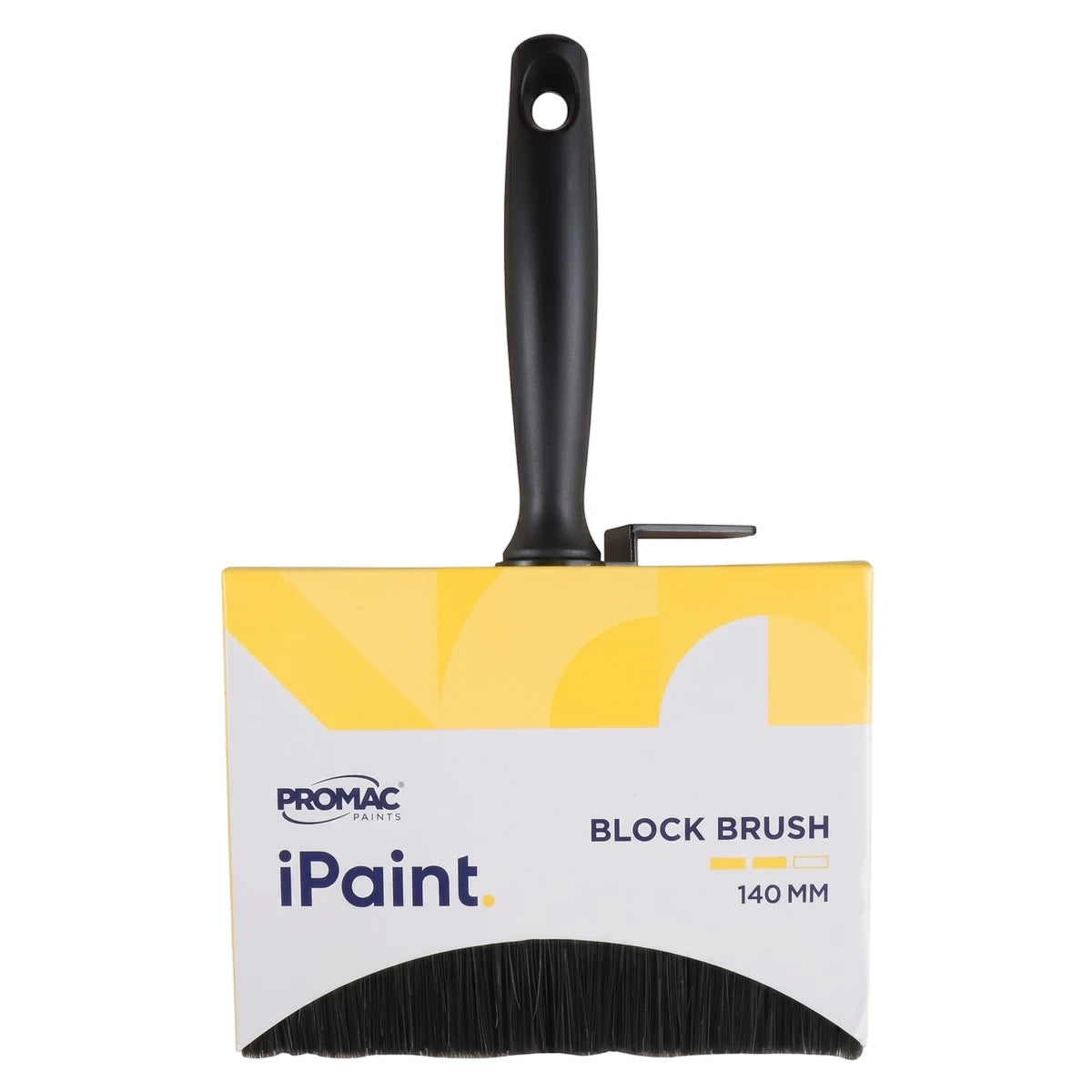 Promac Paints iPaint 140mm block brush for waterproofing, with a black handle and yellow and white head.