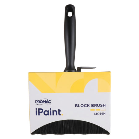 Promac Paints iPaint 140mm block brush for waterproofing, with a black handle and yellow and white head.