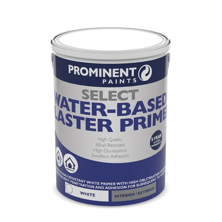 Prominent Paints Select Water-Based Plaster Primer 20L can, white and blue label, photographed from a slight angle.