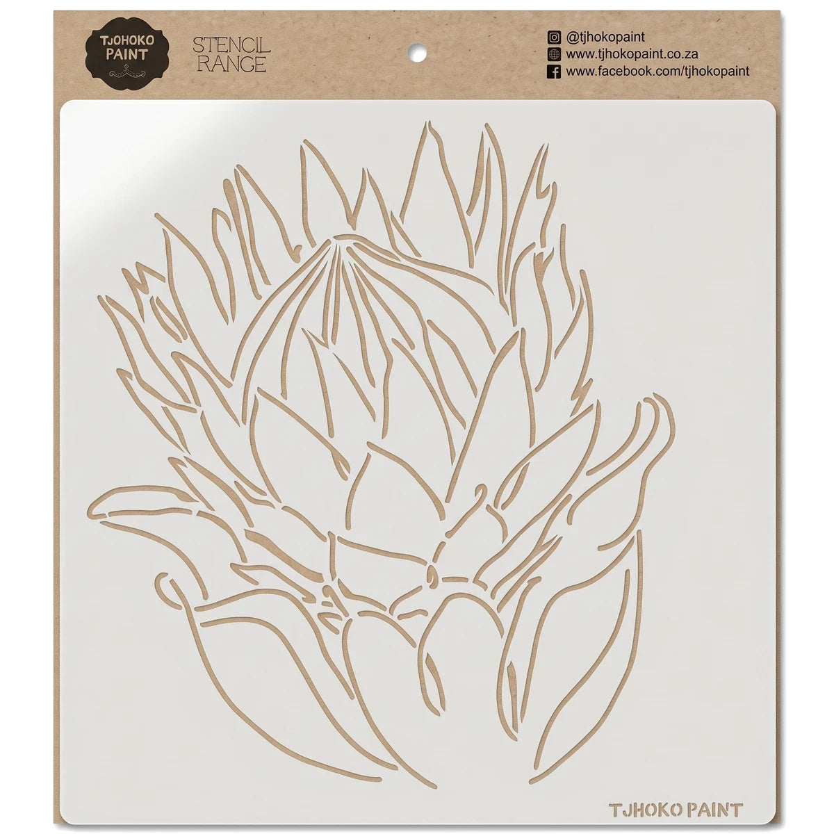 White plastic Protea Paint Stencil featuring a detailed protea flower design, packaged on a brown cardboard backing.