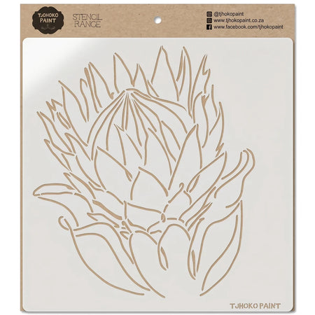 White plastic Protea Paint Stencil featuring a detailed protea flower design, packaged on a brown cardboard backing.