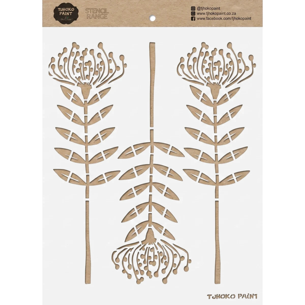 Protea Parade paint stencils featuring a three-part stylized protea floral design on a rectangular light brown kraft paper