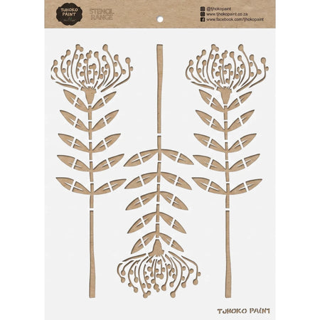 Protea Parade paint stencils featuring a three-part stylized protea floral design on a rectangular light brown kraft paper