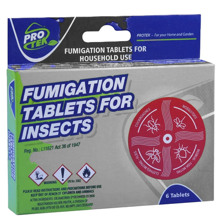 Protek Fumigation Tablets For Insects Insecticide in a green and blue box, 6 tablets, for household pest control.
