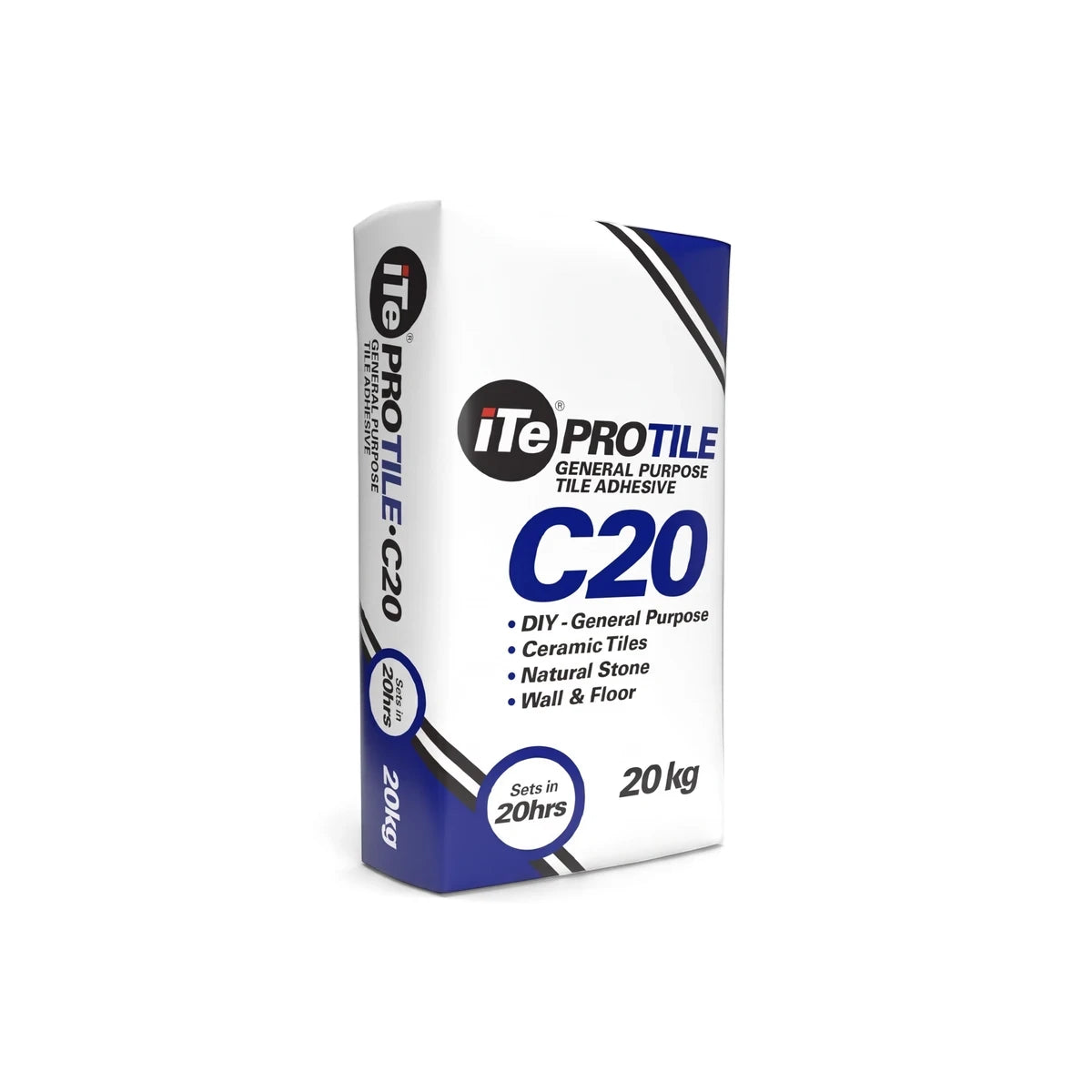PROTILE Tile Adhesive C20 General Purpose in a white and blue 20kg bag, designed for ceramic tiles, natural stone, wall &