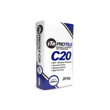 PROTILE Tile Adhesive C20 General Purpose in a white and blue 20kg bag, designed for ceramic tiles, natural stone, wall &
