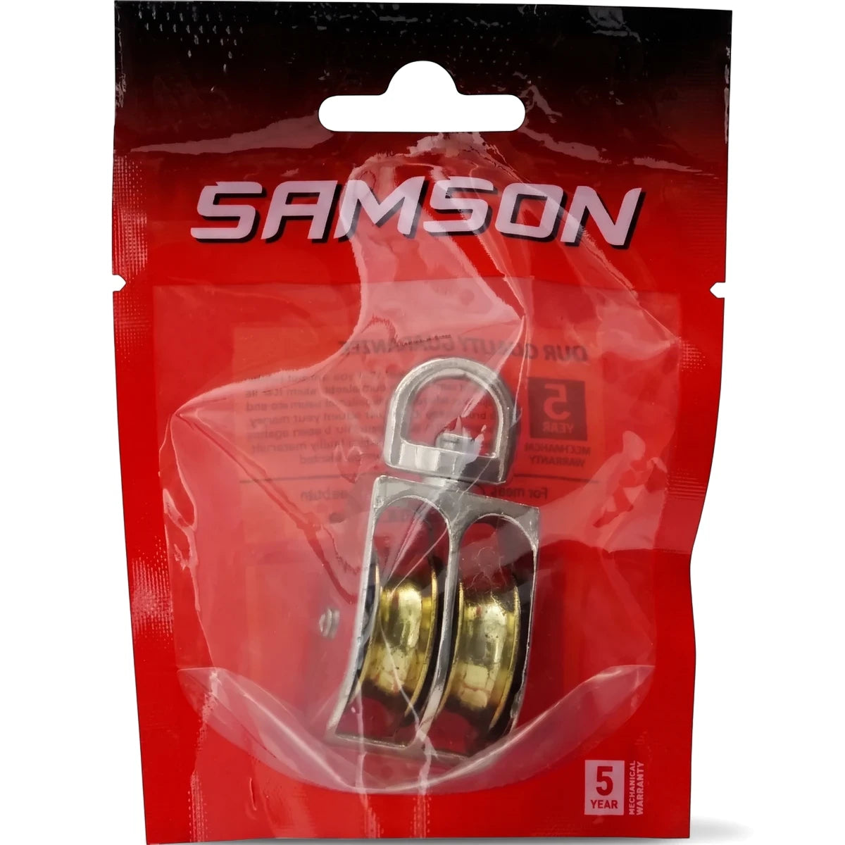 Pulley Swivel Double Bp 25mm Locks & Latches in red and clear plastic Samson packaging with silver swivel and golden pulleys.