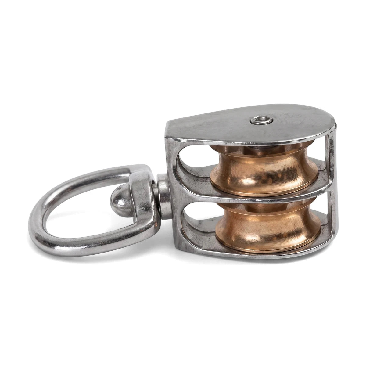 A 38mm Pulley Swivel Double with a shiny stainless steel frame and two visible brass sheaves.