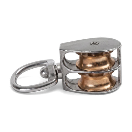 A 38mm Pulley Swivel Double with a shiny stainless steel frame and two visible brass sheaves.