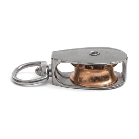 Single swivel pulley made of stainless steel with a brass wheel, shown horizontally on a white background.