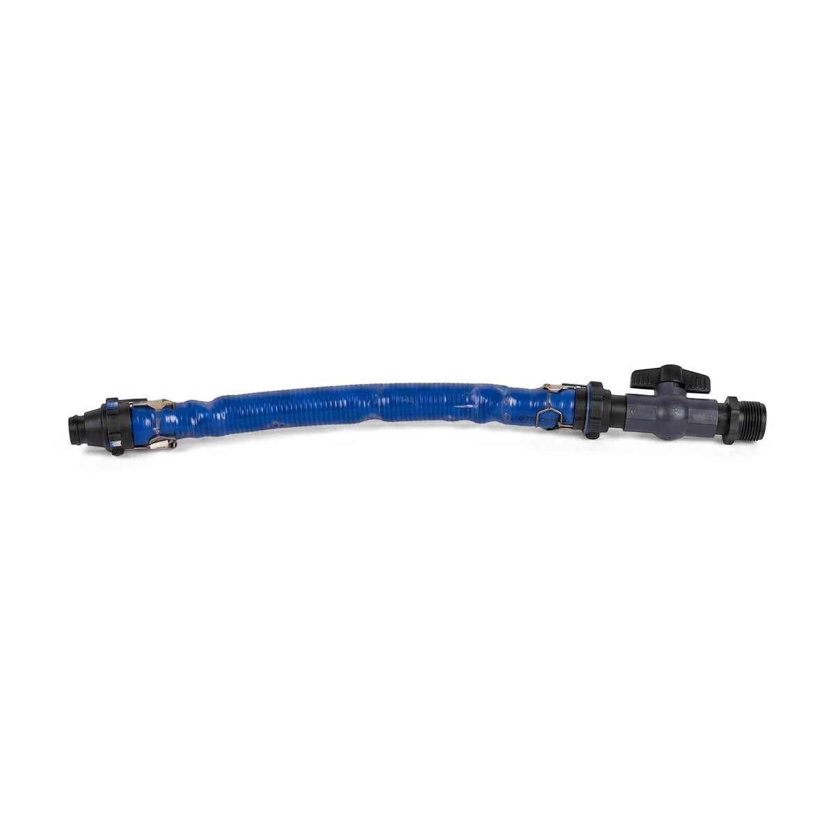 Blue 500mm pump to tank connector kit with black plastic fittings and a shut-off valve on a white background.