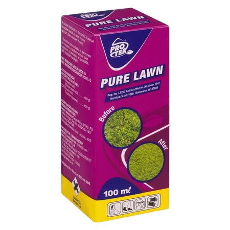Pure Lawn 100ml Herbicide in a magenta box with green and white text, showing 'Before' and 'After' grass images.