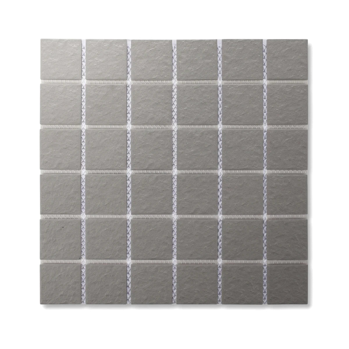 Pure light grey square matte mosaic tile, 45mm individual squares, arranged in a full sheet with white grout lines.