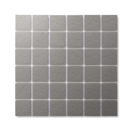 Pure light grey square matte mosaic tile, 45mm individual squares, arranged in a full sheet with white grout lines.