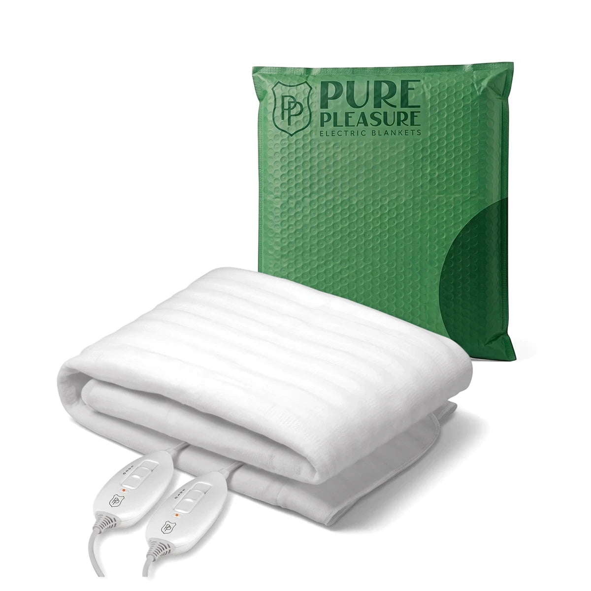 Pure Pleasure 3/4 Double Tie Down Electric Blanket 110x150cm, white, folded, with two control units and green brand