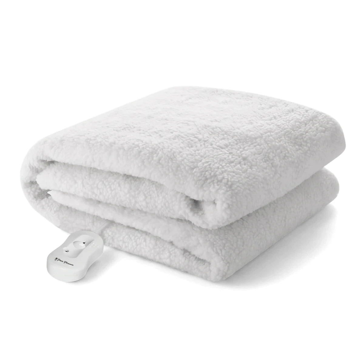 Pure Pleasure Double Full Fit Sherpa Fleece Electric Blanket, white and folded, with a remote control, shown from an angled