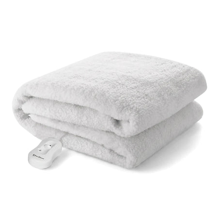 Pure Pleasure Double Full Fit Sherpa Fleece Electric Blanket, white and folded, with a remote control, shown from an angled