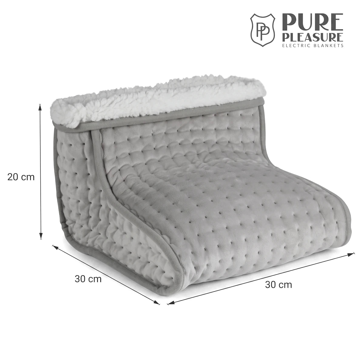 Pure Pleasure Electric Foot Warmer, gray quilted with soft white sherpa lining, shown with visible dimensions.
